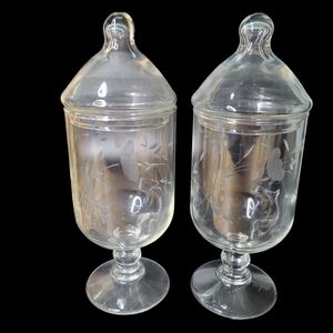 Lot Of 2 Vintage Princess House Etched Glass Apothecary Jars Lidded Clear Floral